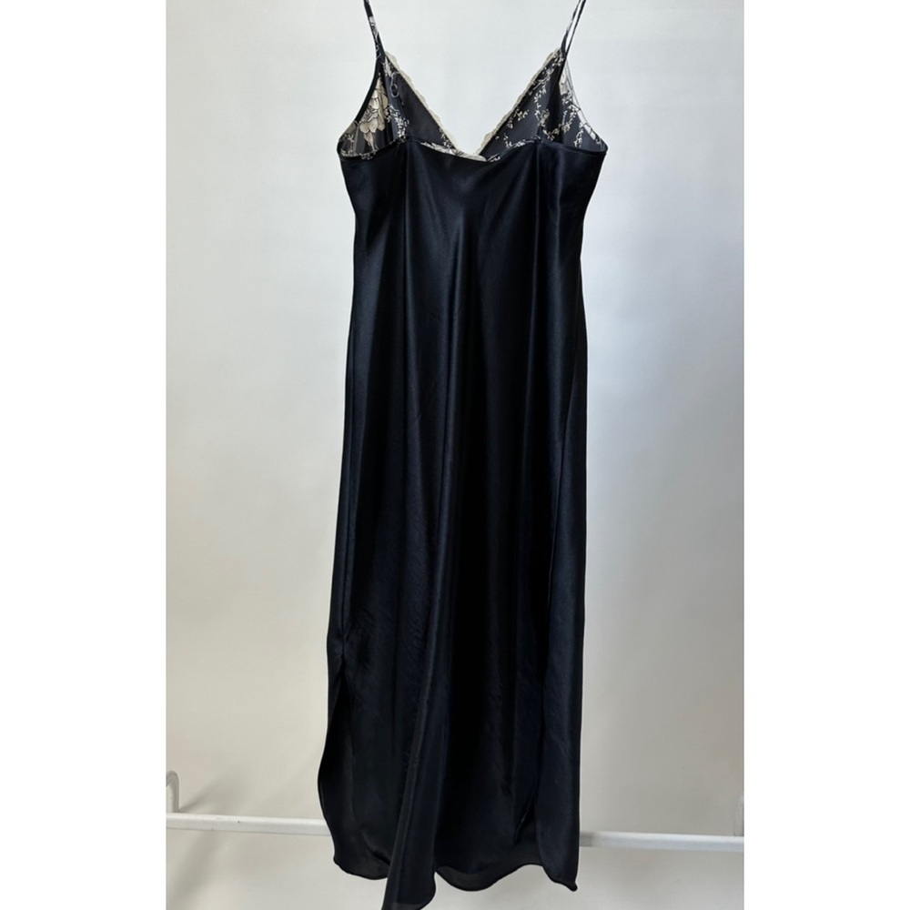VINTAGE 90s Satin Slip Dress Black Floral With Lace Size- Small, also fits a M - Picture 11 of 13